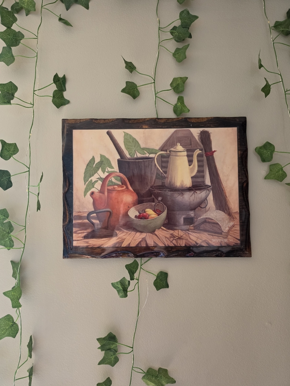 Vintage Teapot & Kettle Scene Rustic Kitchen Wood Plaque Wall Hanging